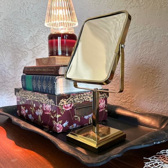 Mid-Century Brass Vanity Mirror on Pedestal Stand – Rectangular Tilt Design - Picture 11 of 14